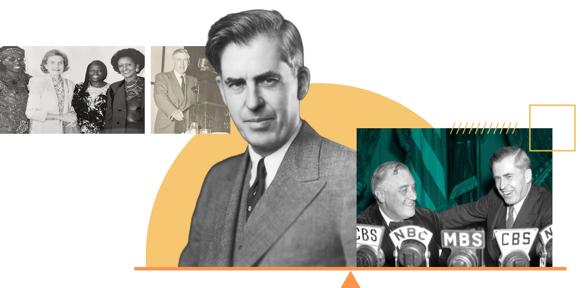 Henry A. Wallace portrait set against archive photographs of him campaigning and at a press conference with Franklin D. Roosevelt.